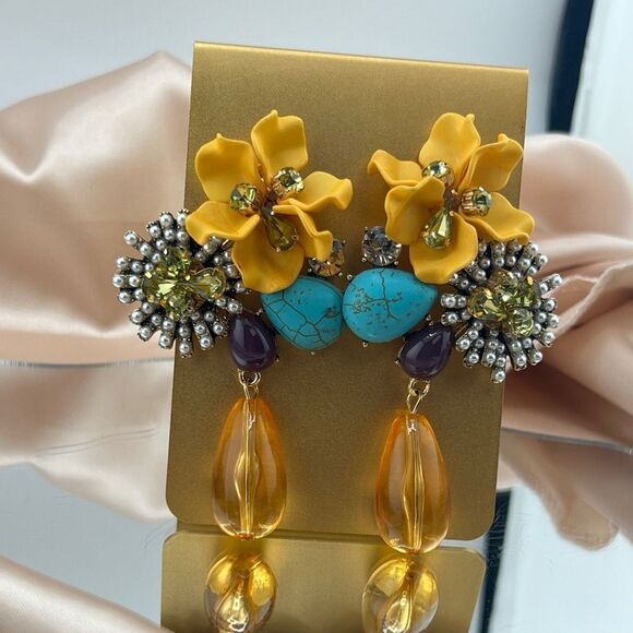 Vibrant Statement Floral Yellow Drop Earrings with Beaded Details - Picture 3 of 8